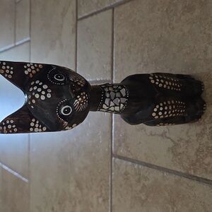 Wood Brown Carved Painted Cat Sculpture Decor Shelf Sitter